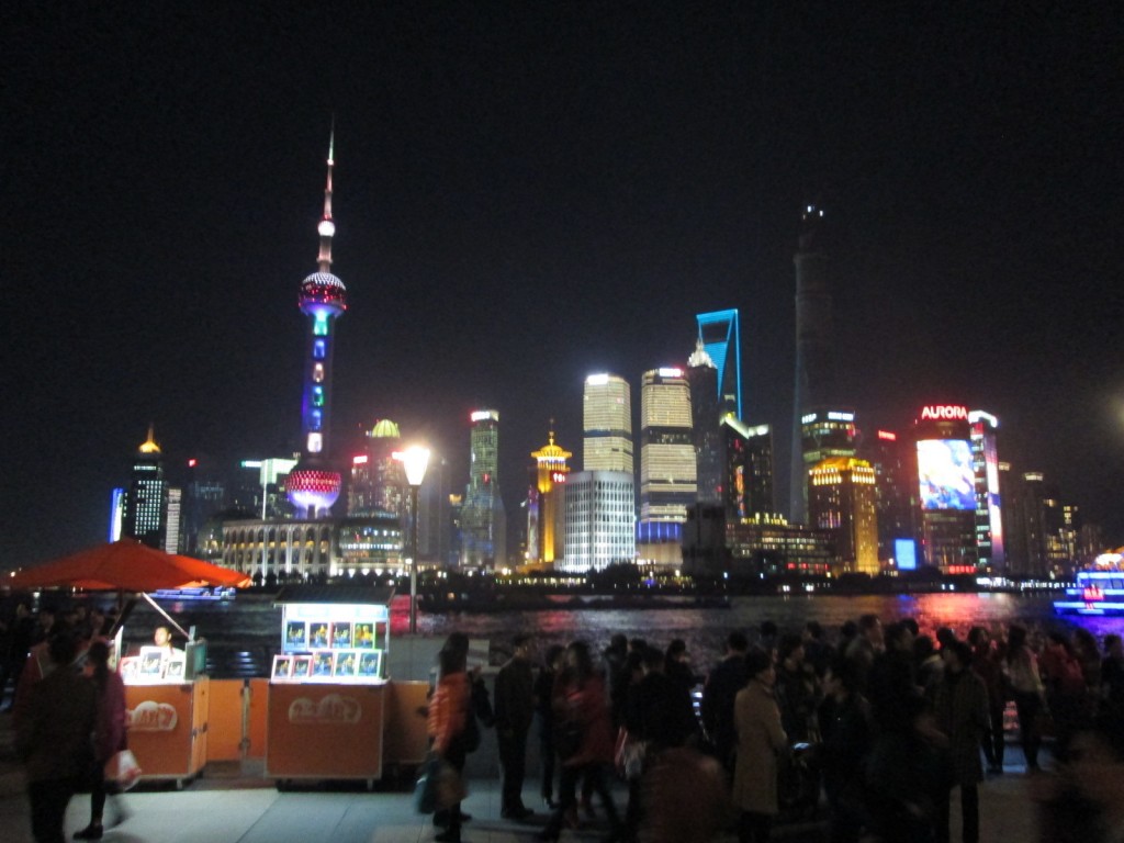 The Shanghai skyline at night, viewed from the Bund
