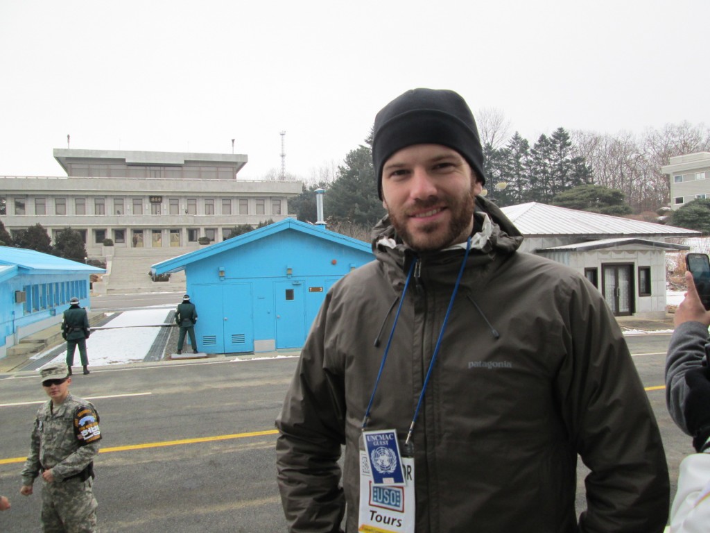 Standing on the South Korean side of the Joint Security Area, camera looking towards the North