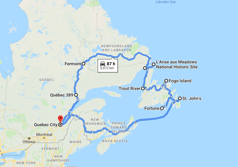 Terre-Neuve et Labrador, trajet total